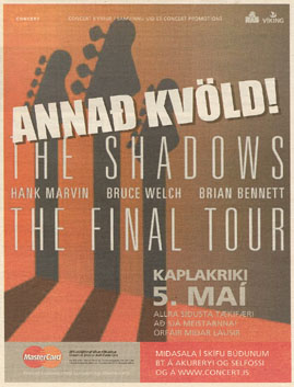 Newspaper Advertisement for The Shadows to play at the Kaplakriki Sports Hall, Reykjavik (Iceland)